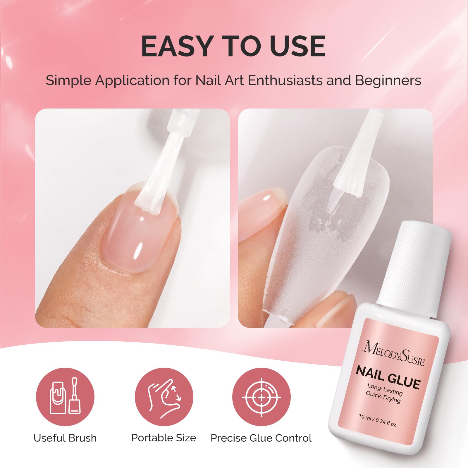 MelodySusie glue droplet on nail tip showing quick bonding and clean finish