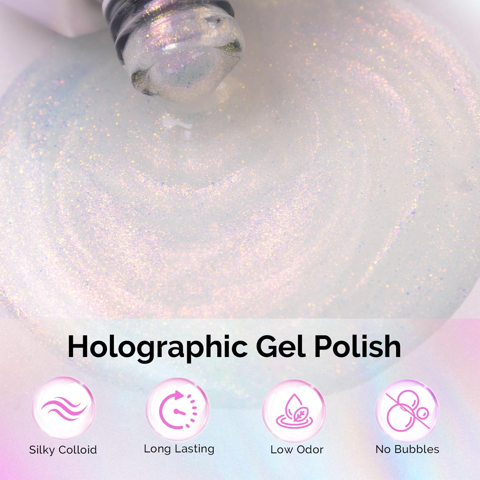 MelodySusie holographic swatch on nail wheel illustrating shimmer depth and color payoff