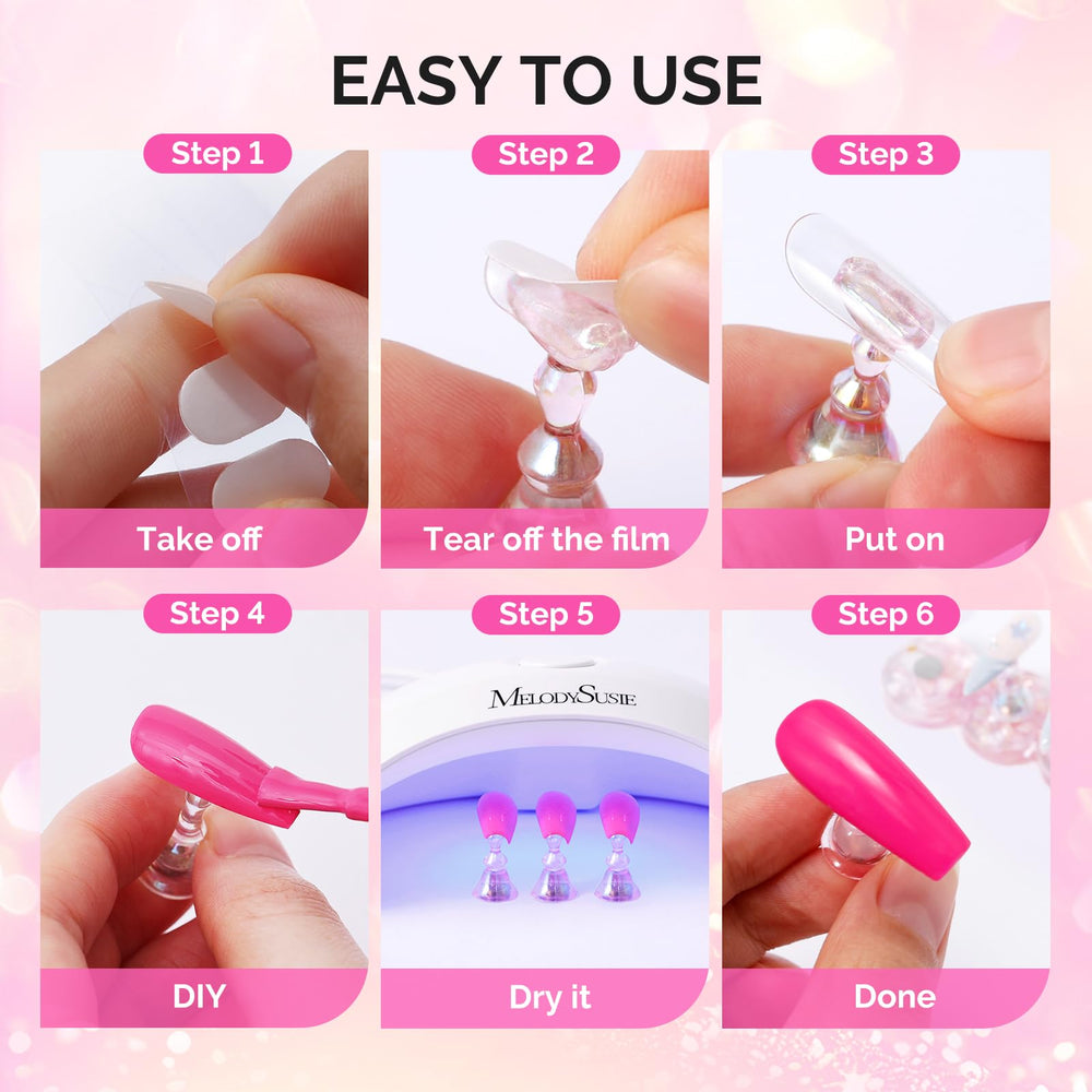 MelodySusie nail stand placed inside LED/UV lamp demonstrating safer, even curing