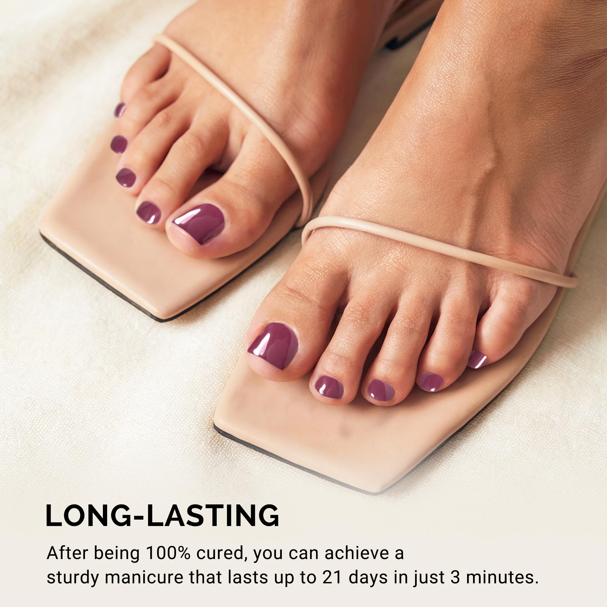 MelodySusie pedicure in use on toes showing salon-quality cured shine