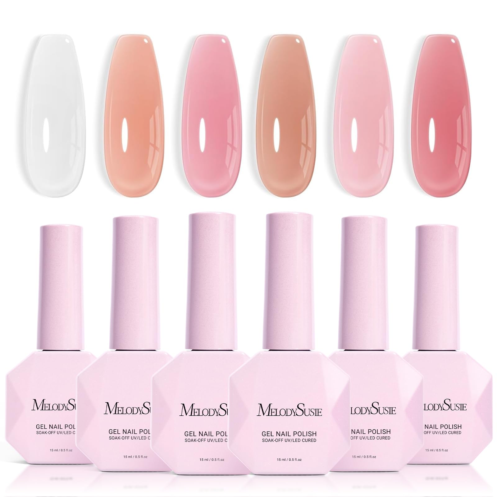 MelodySusie six-bottle set front view showing milky nude colors and neat packaging benefit display