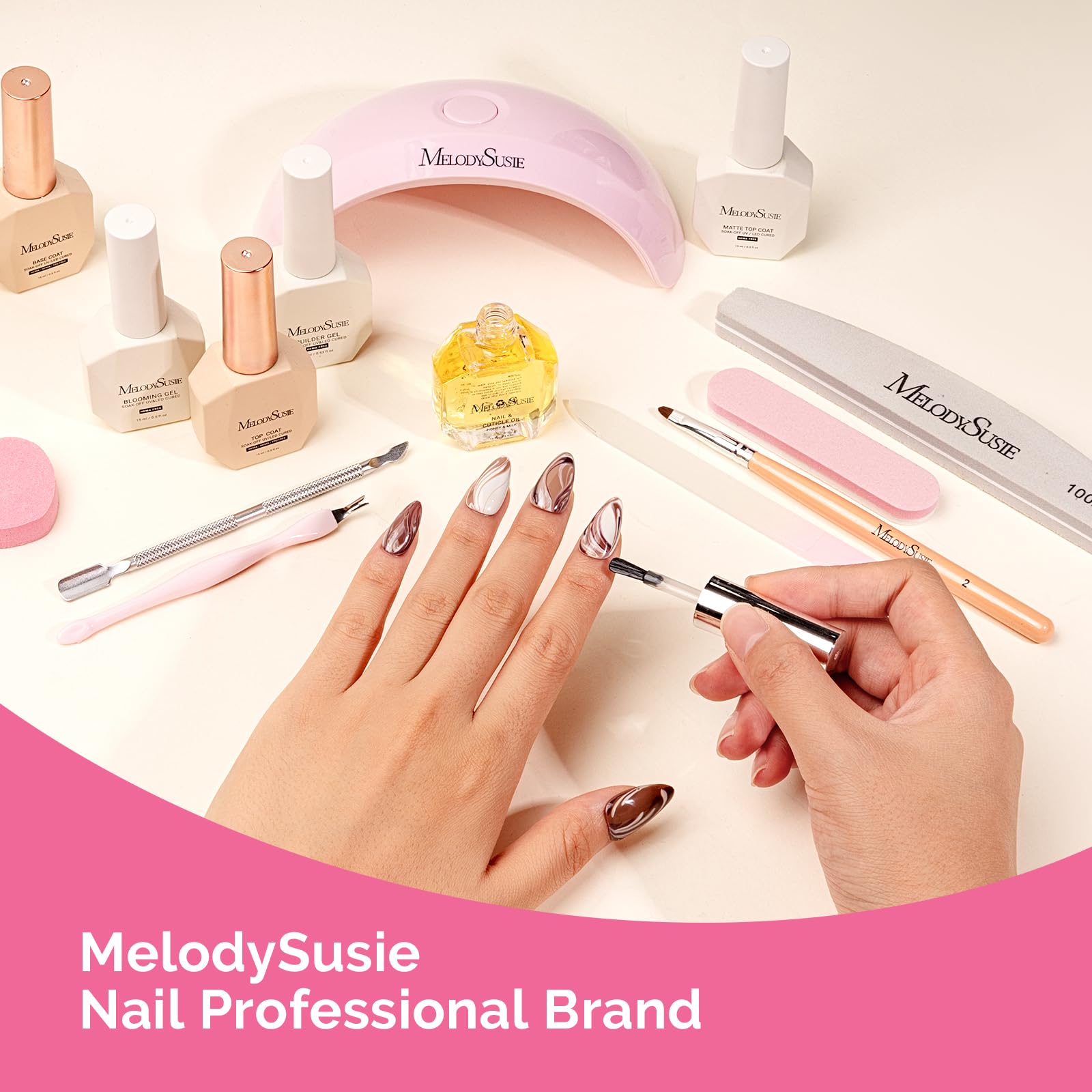 MelodySusie kit contents neatly arranged showing base, builder, top for versatile manicure benefit