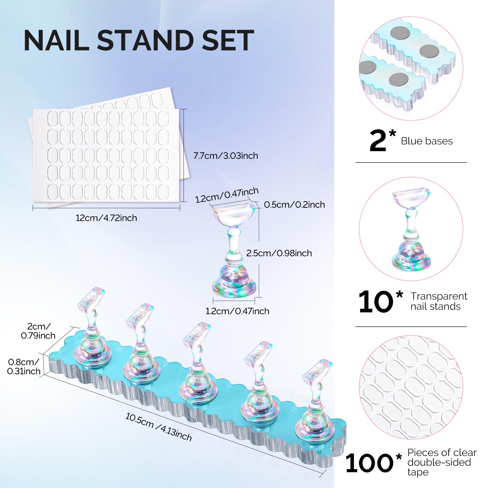 MelodySusie finished press-on nails displayed on stands illustrating professional presentation