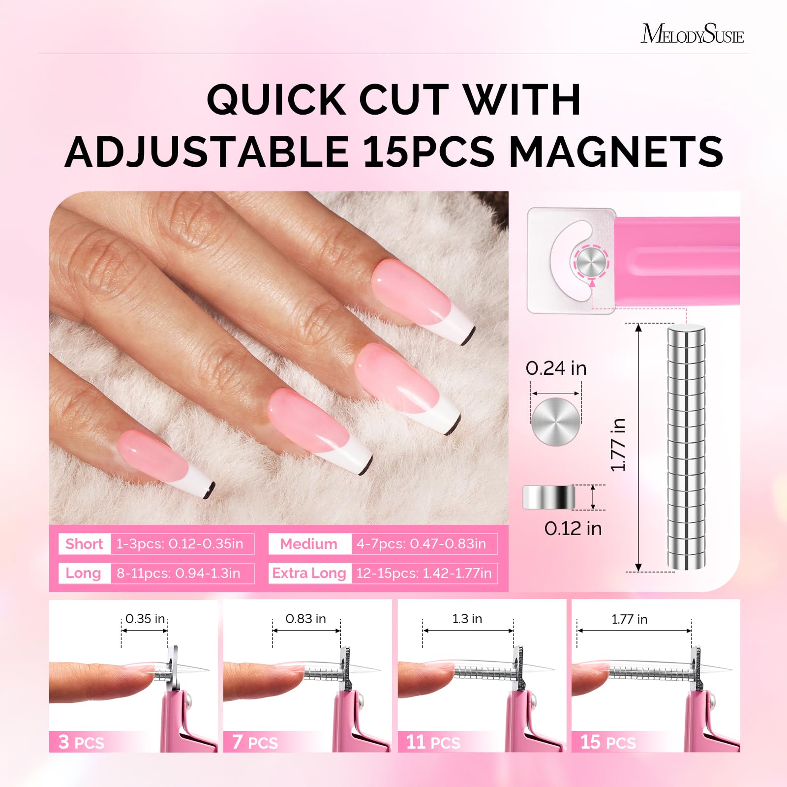 MelodySusie magnetic sizers arranged to demonstrate adjustable length control benefit