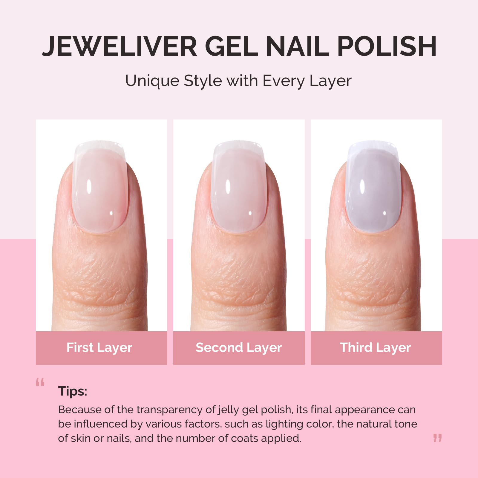 MelodySusie nail swatch on hand illustrating translucent jelly effect benefit