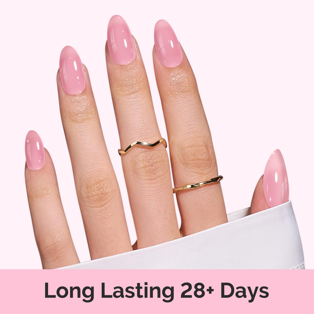 MelodySusie model hand with cured milky jelly manicure showcasing durability