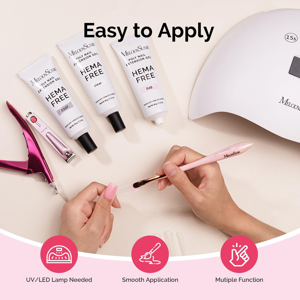 Label view of MelodySusie poly gel packaging highlighting HEMA-free formula and safety info