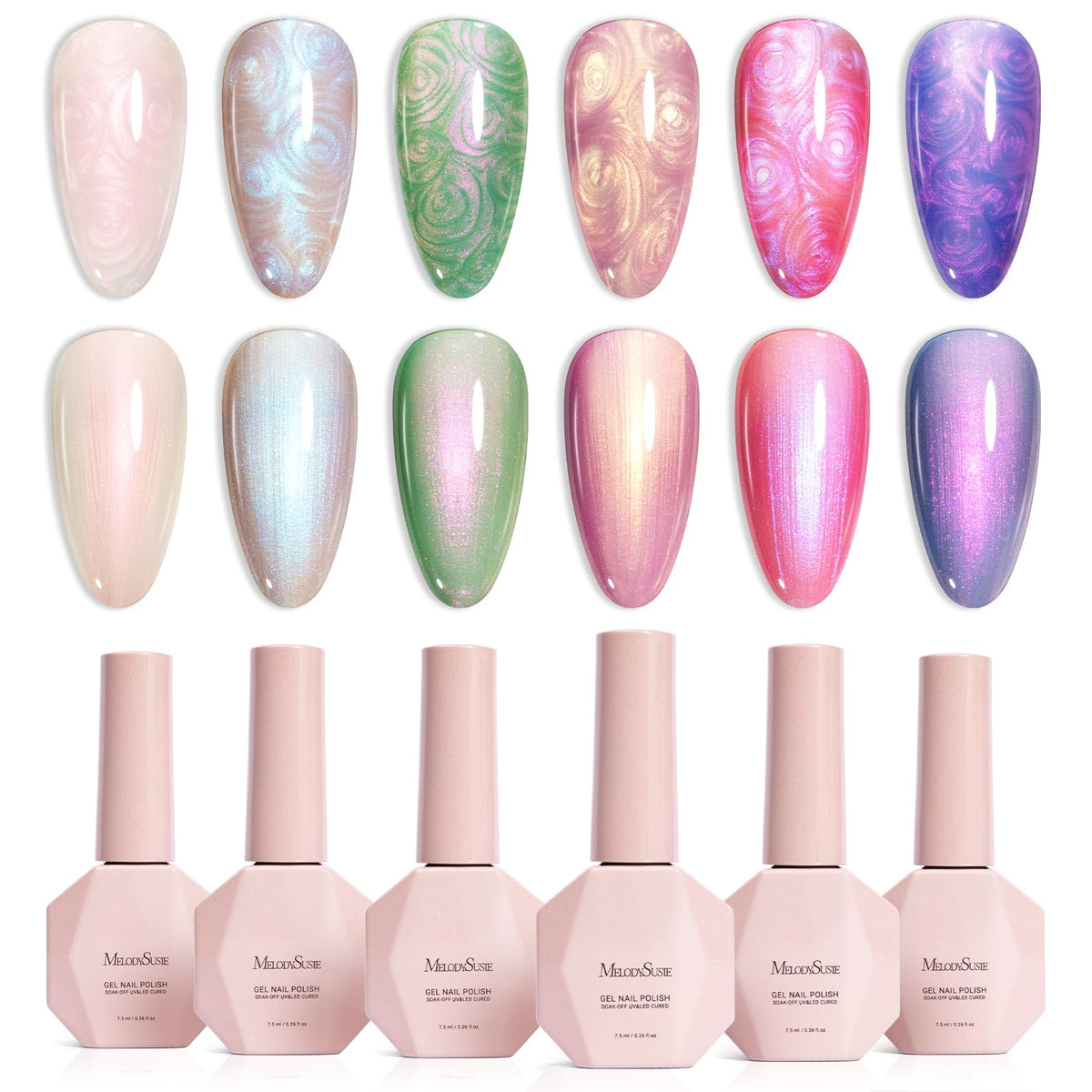 MelodySusie front packaging showing six pearl gel colors and product overview