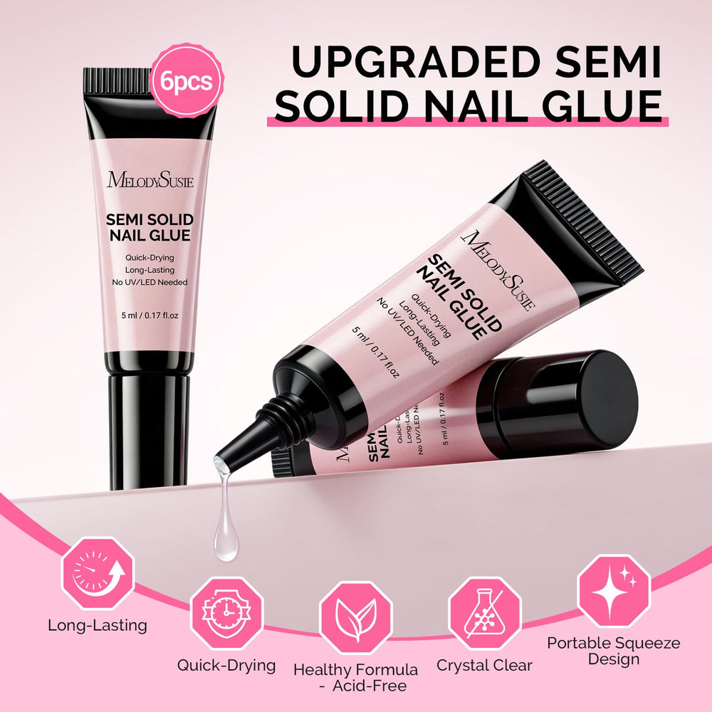 MelodySusie glue securing press-on nails on a hand for long-lasting wear