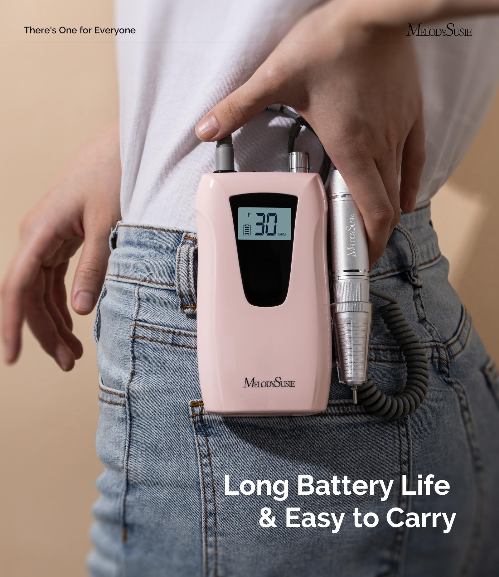 MelodySusie clip-on battery attached to waist demonstrating hands-free mobility and long runtime