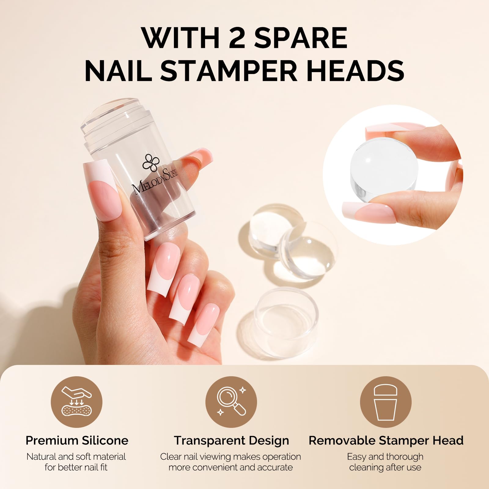 MelodySusie detachable silicone head detail illustrating easy replacement and cleaning benefit