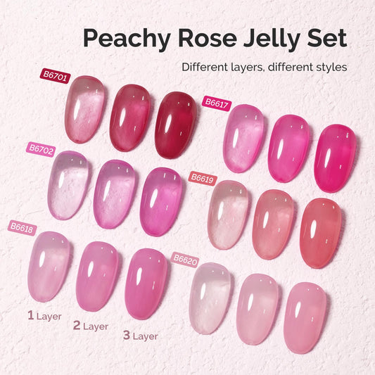 MelodySusie six bottles lined up showing distinct transparent pink shades