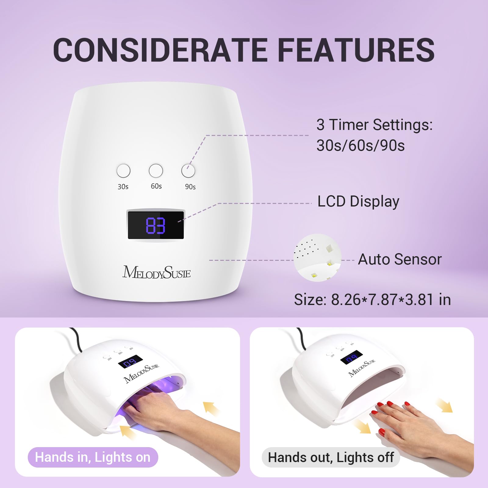 MelodySusie lamp next to a hand for scale showing roomy interior and comfortable fit benefit