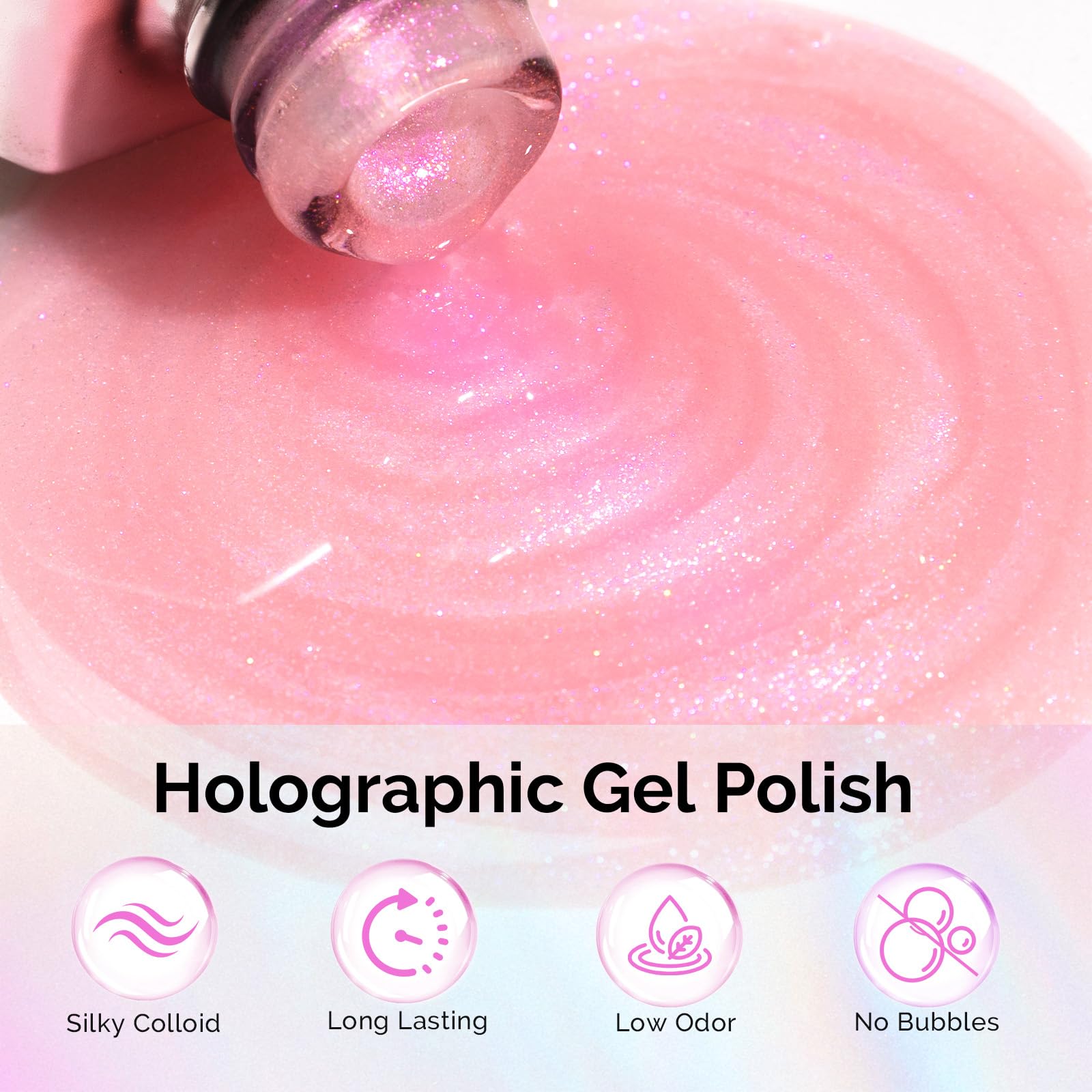 MelodySusie color swatch on nail tip showing holographic pink glitter depth and buildable coverage