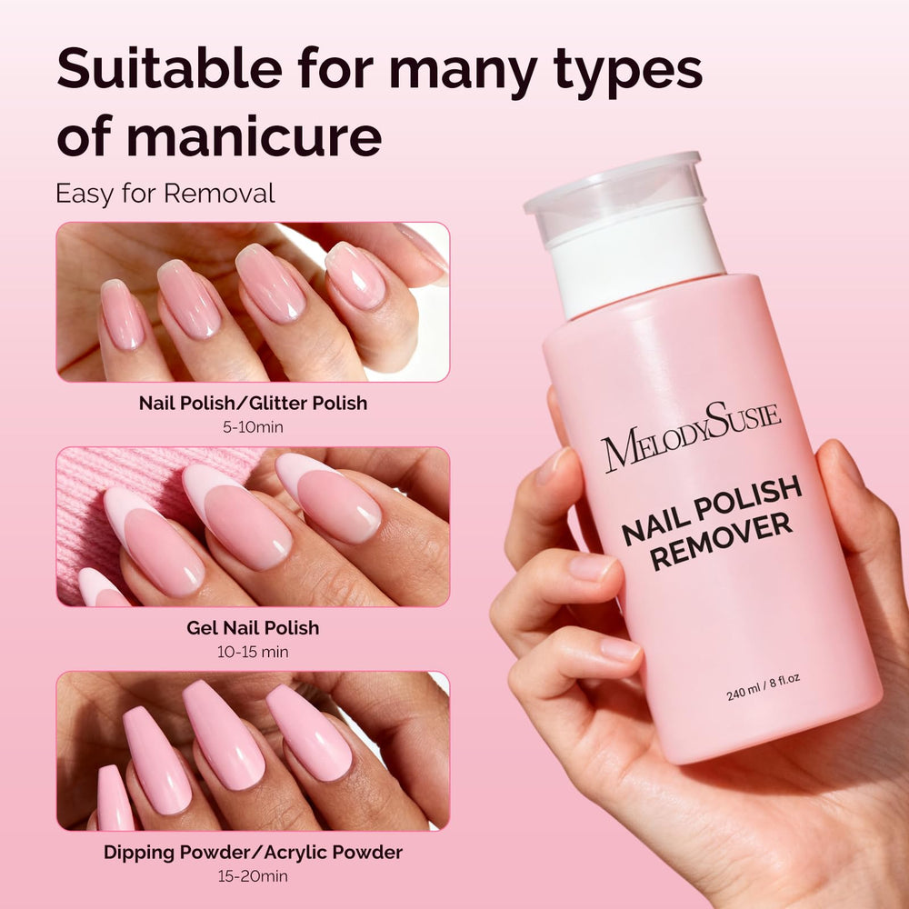 MelodySusie liquid texture shot highlighting clear acetone formula with mild aloe scent