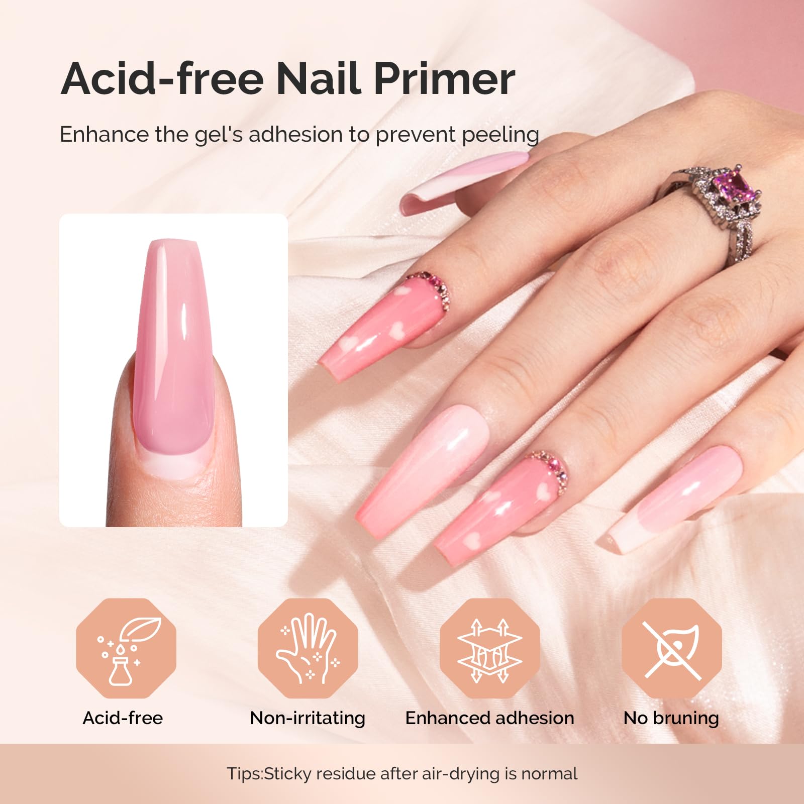 MelodySusie primer drop on nail plate showing tacky adhesion benefit