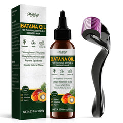 Melopuff batana front packaging showing bottle and label, highlights nourishing formula