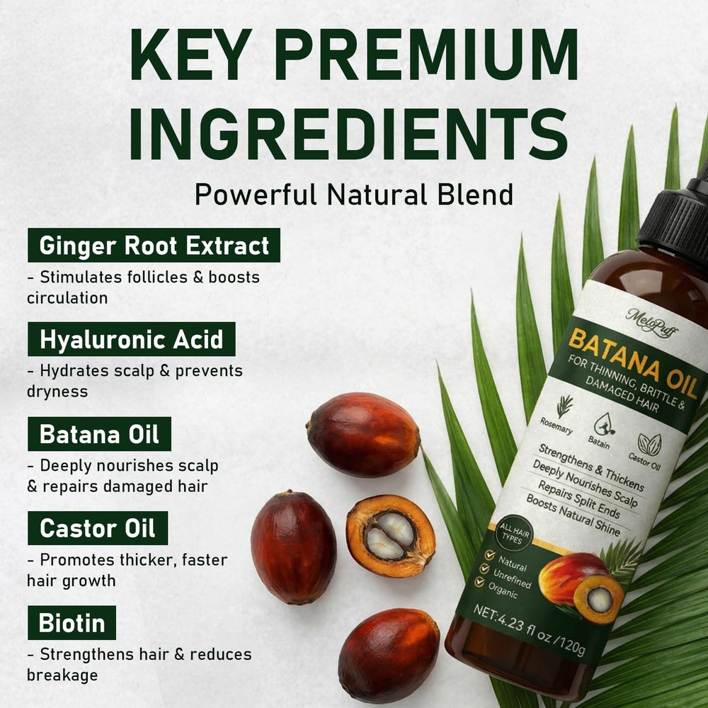 Melopuff batana applied to hair ends, repairs split ends and improves shine benefit