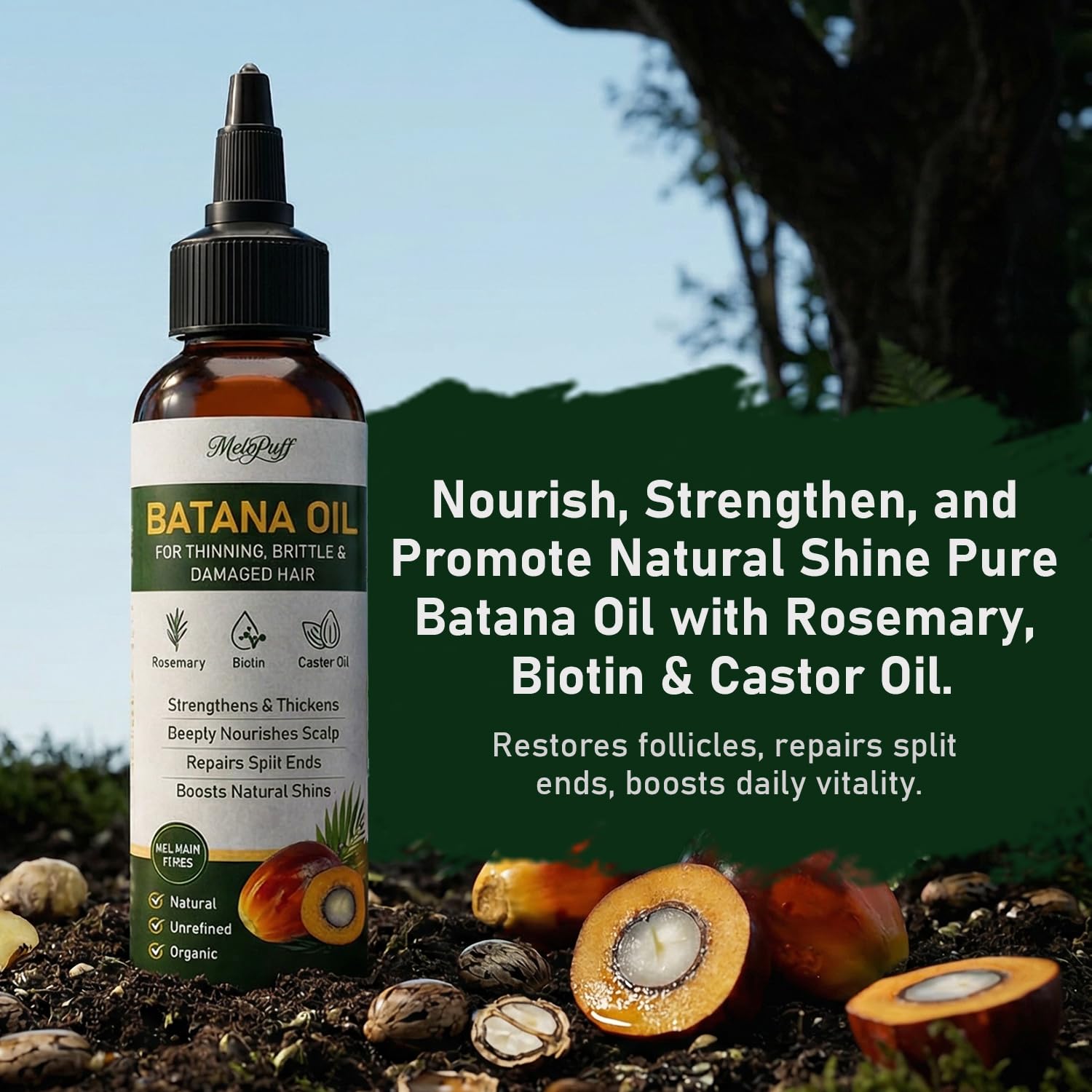 Melopuff batana oil texture close-up on hand, shows lightweight absorption benefit