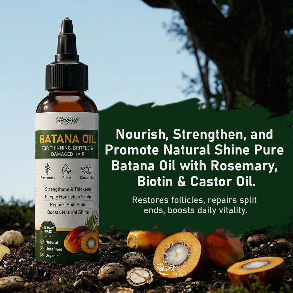 Melopuff batana oil texture close-up on hand, shows lightweight absorption benefit