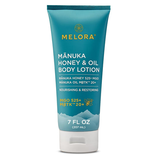 MELORA bottle front packaging showing clean design and moisturizing benefit