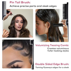 Melous edge comb and rat tail comb showing precision for parting and edges