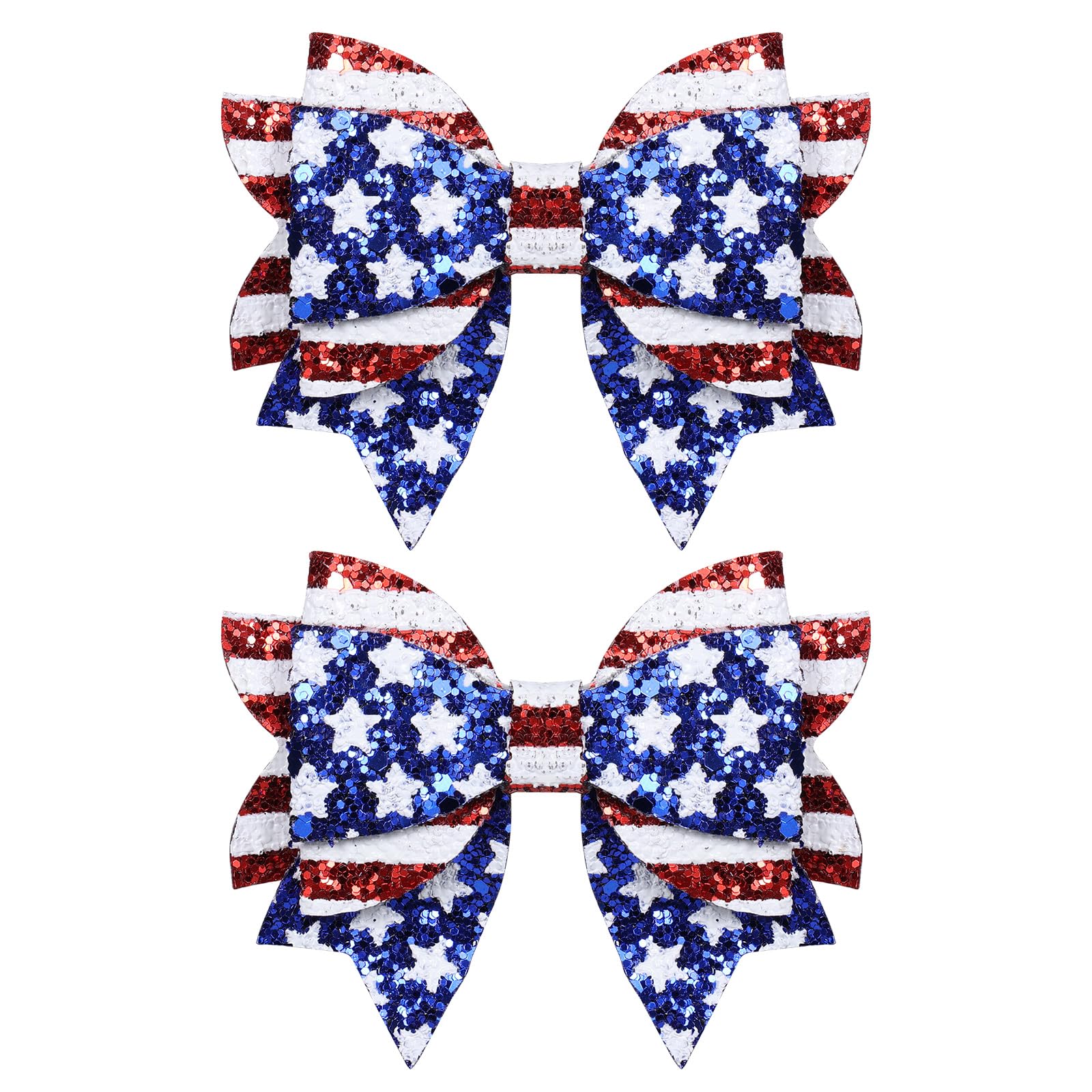 melyde front view of pair of sparkly bows showing patriotic colors and festive look