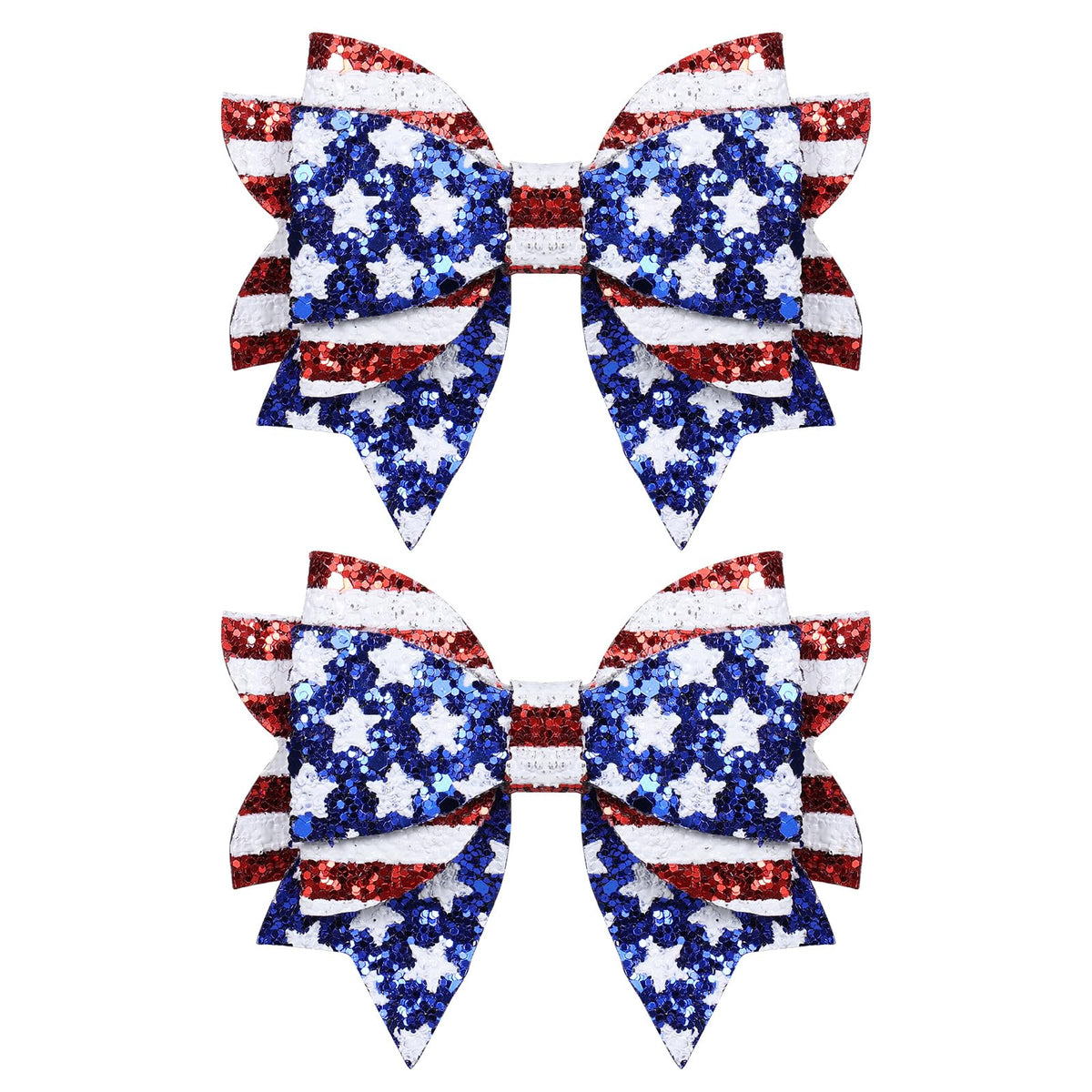 melyde front view of pair of sparkly bows showing patriotic colors and festive look