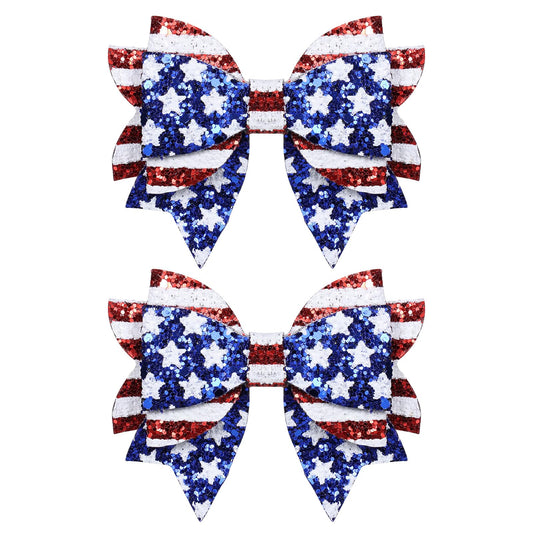 melyde front view of pair of sparkly bows showing patriotic colors and festive look