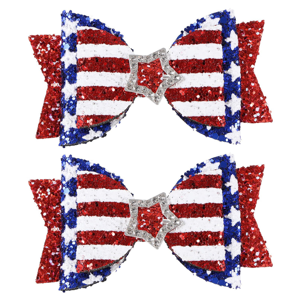 melyde front view of red white blue bow clips for festive styling