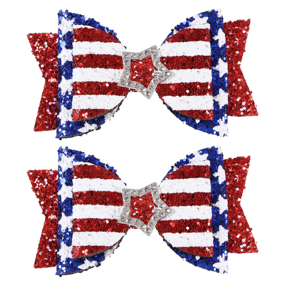 melyde front view of red white blue bow clips for festive styling