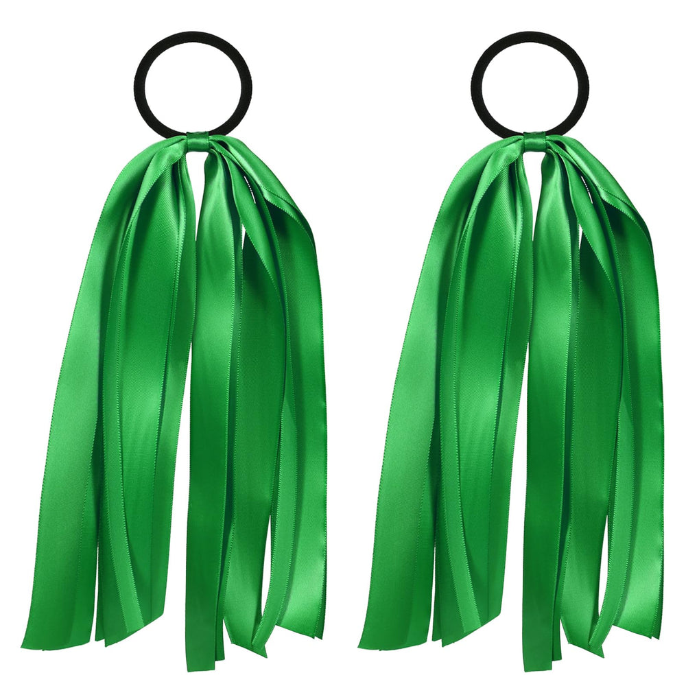 melyde front view of green ribbon hair ties showing color and pair for styling