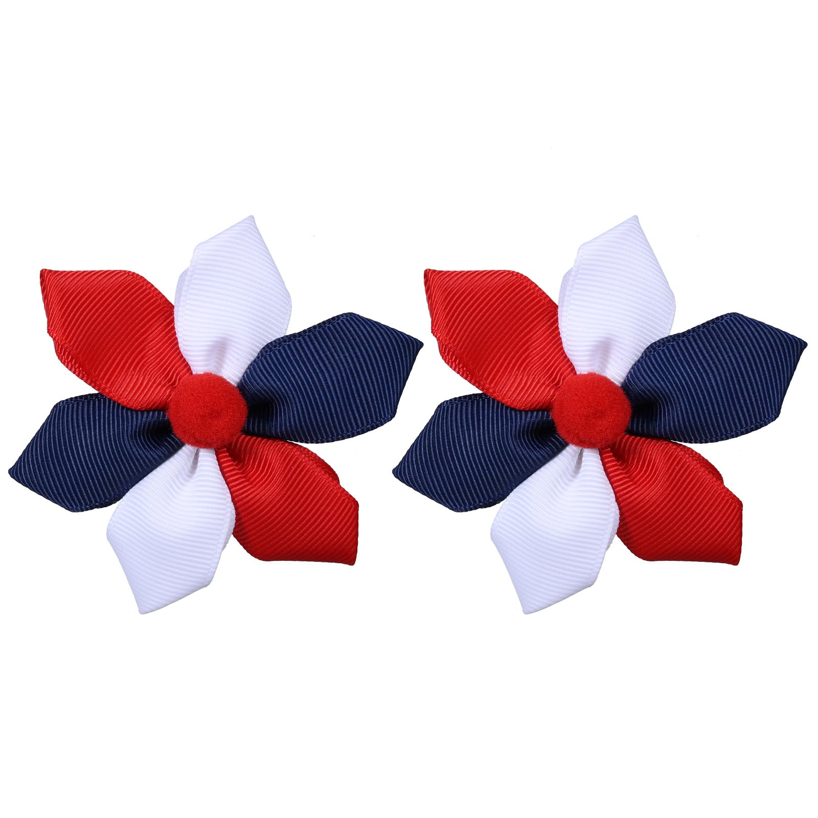 melyde front view of two red white navy flower bows showing festive styling benefits