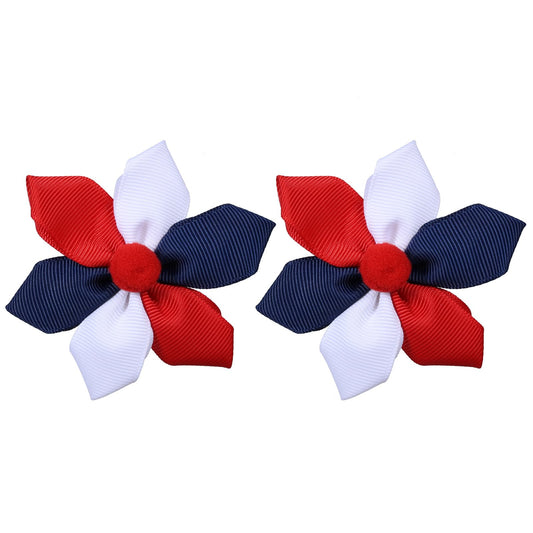 melyde front view of two red white navy flower bows showing festive styling benefits