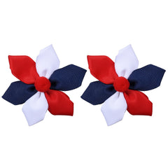melyde front view of two red white navy flower bows showing festive styling benefits
