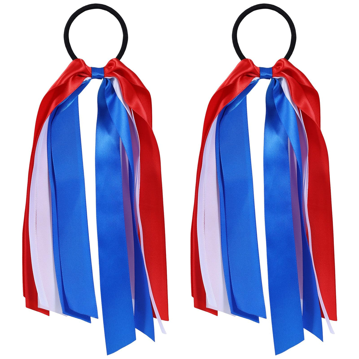melyde front view showing red white blue ribbon hair ties, festive accent