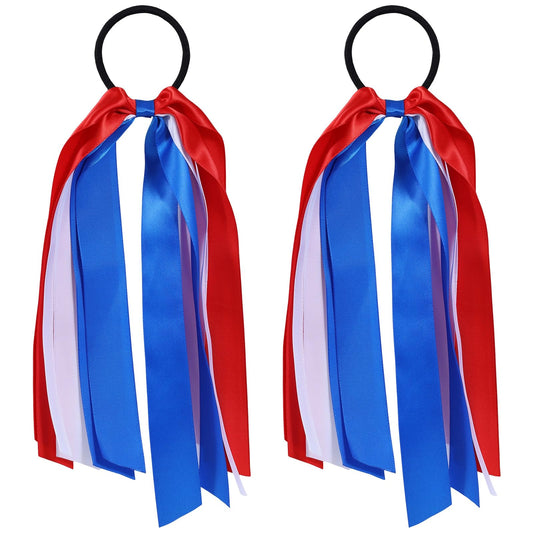 melyde front view showing red white blue ribbon hair ties, festive accent