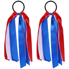 melyde front view showing red white blue ribbon hair ties, festive accent