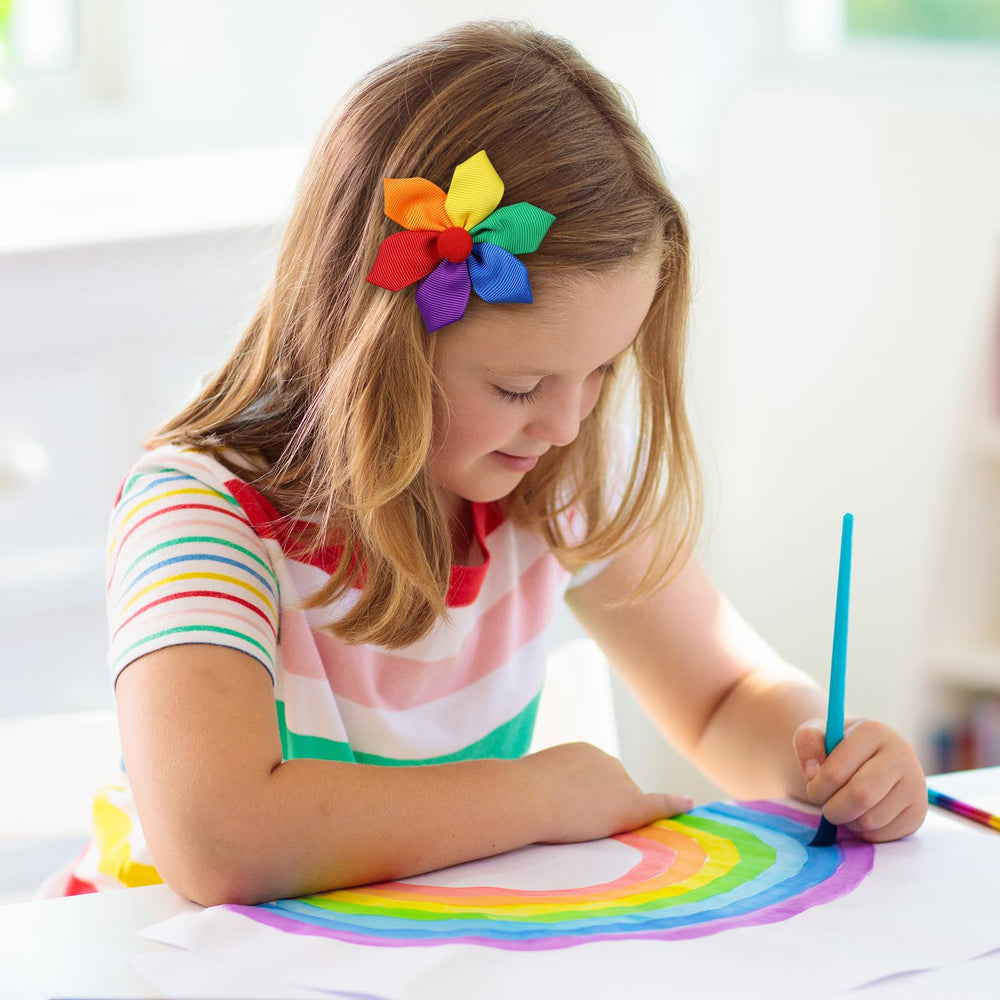 melyde model wearing a ponytail with clip showing cheerful rainbow accent for everyday looks