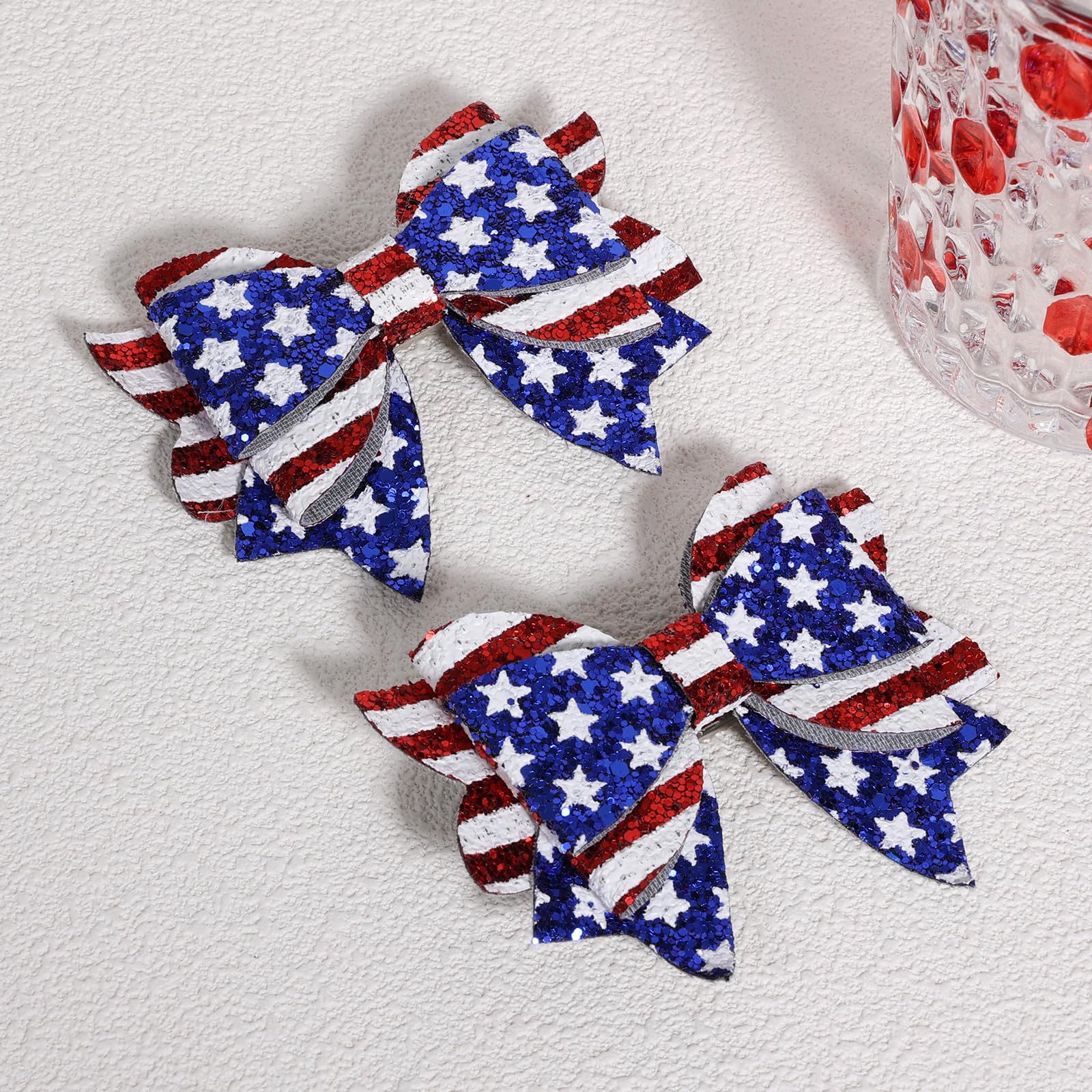 melyde two bows on patriotic fabric showing outfit coordination benefit