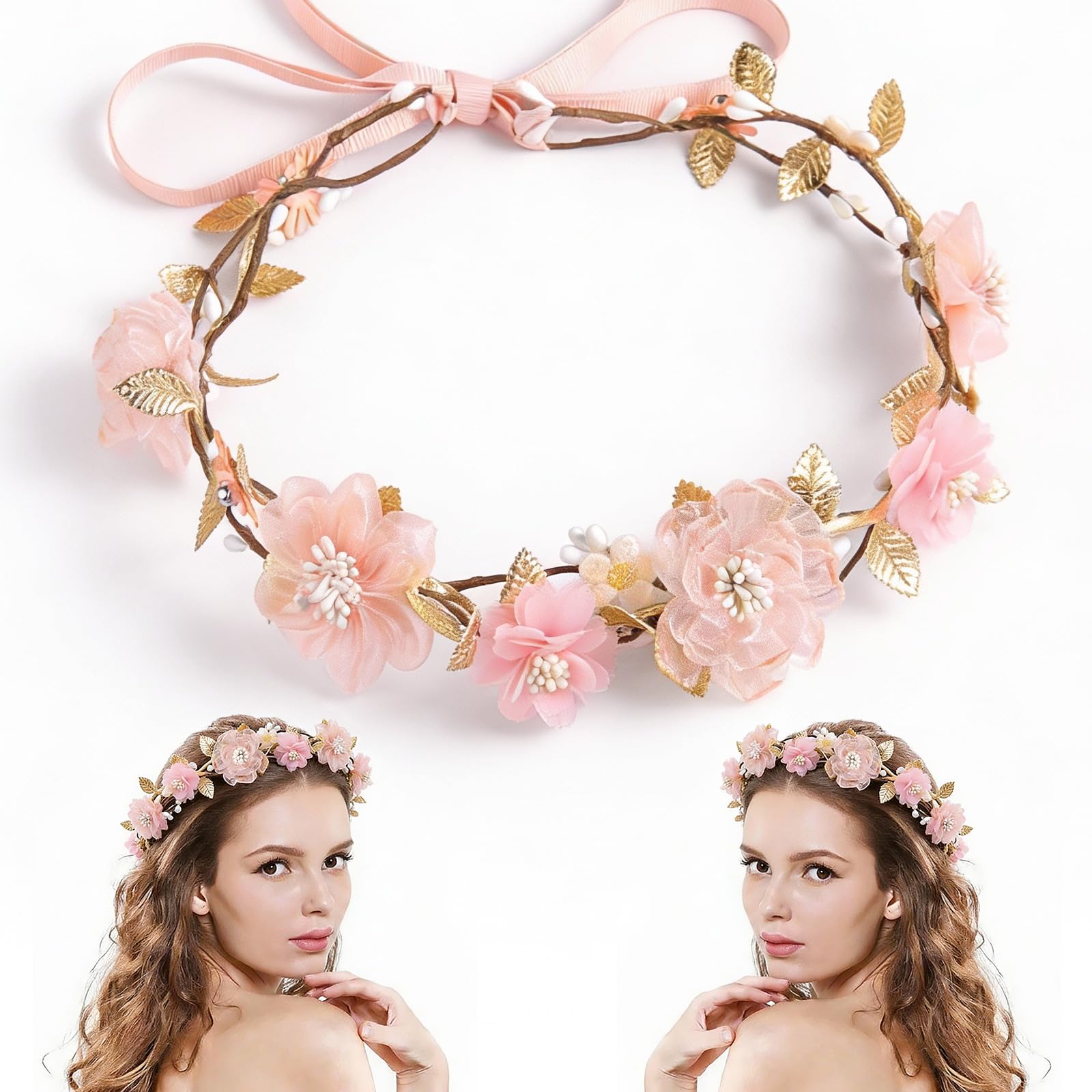 MEMOVAN front view pink flower crown showing full floral design and wearable charm
