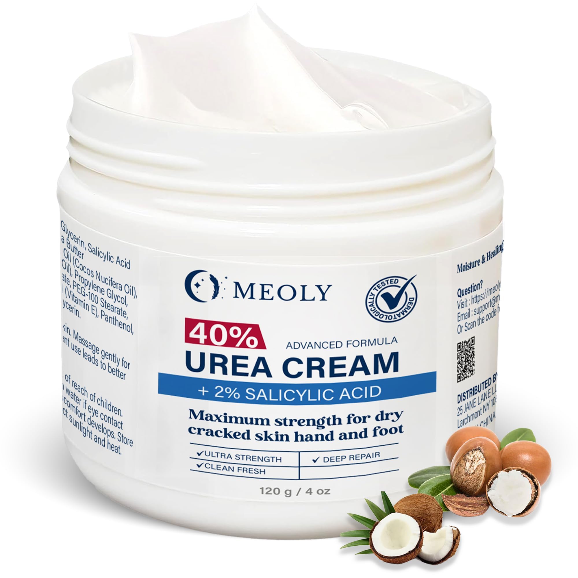 MEOLY front tube showing product and benefits for foot hydration