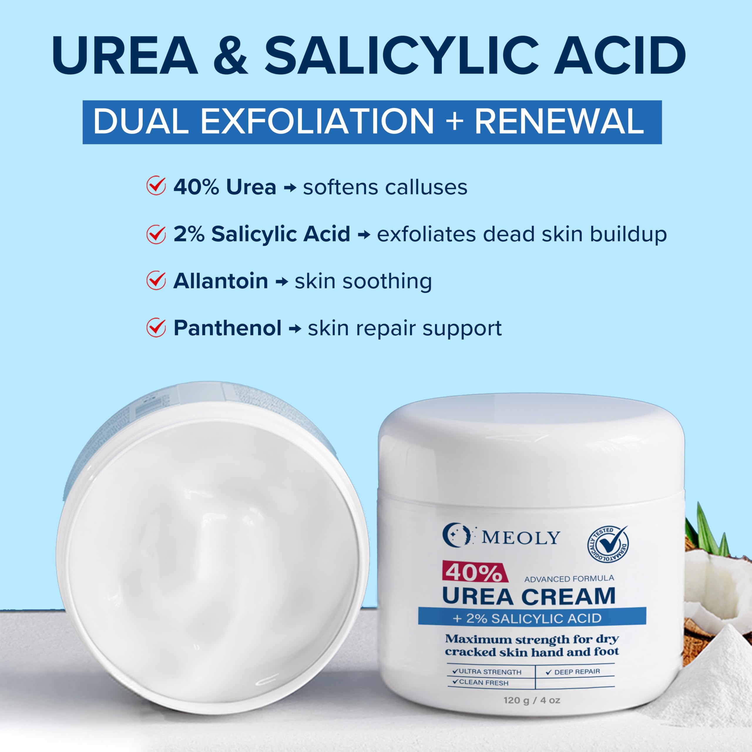 MEOLY label close-up showing active 40% urea and 2% salicylic acid