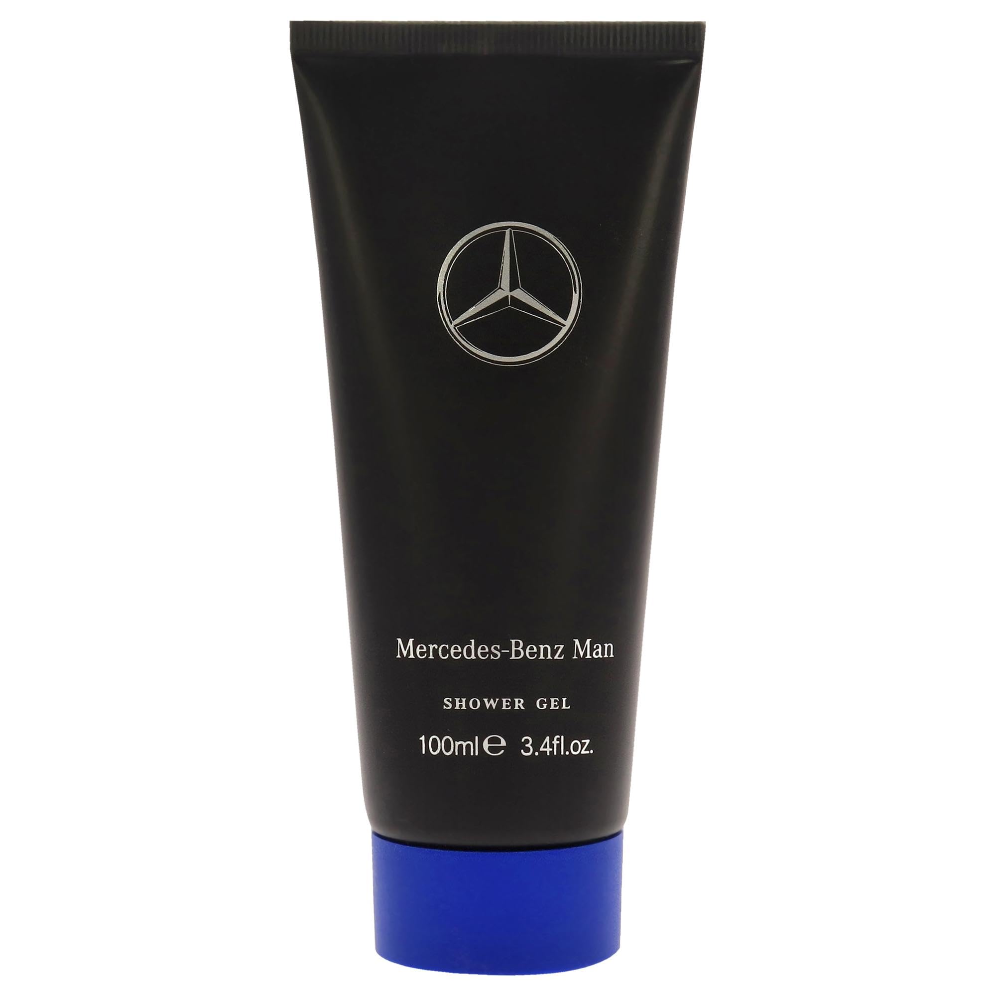Mercedes‑Benz shower gel front packaging showing sleek bottle and travel size benefit