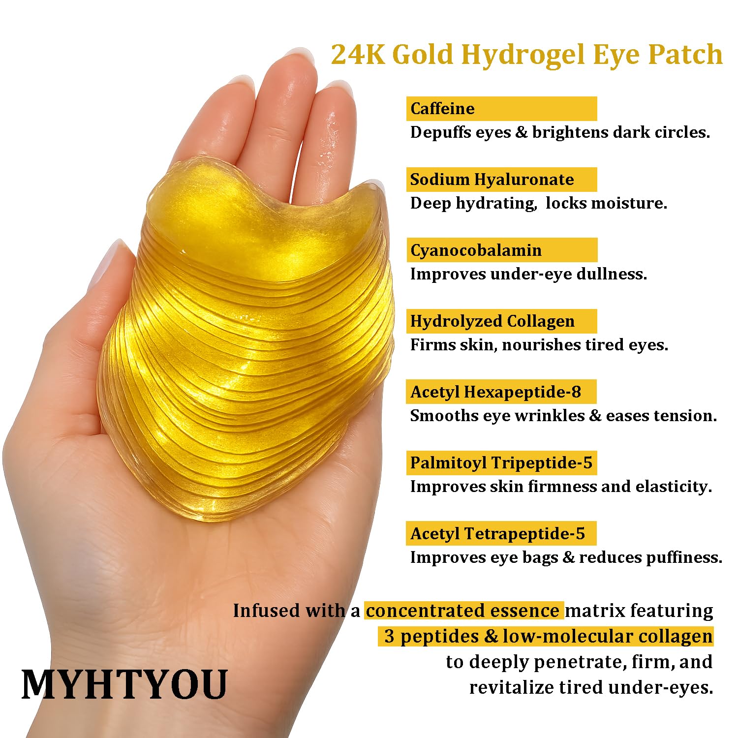 Mererke_Pretty close-up of one gold hydrogel eye patch highlighting smooth cooling texture