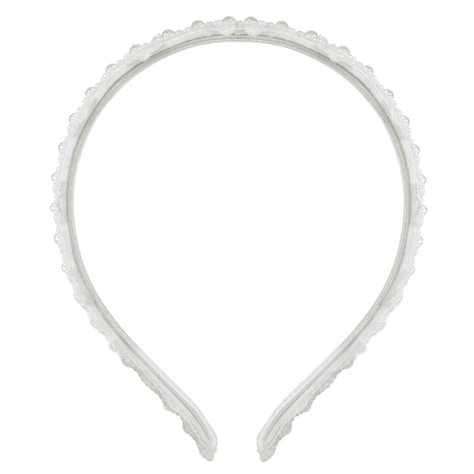 Merroyal close-up showing lace pattern and pearl beads, delicate detail