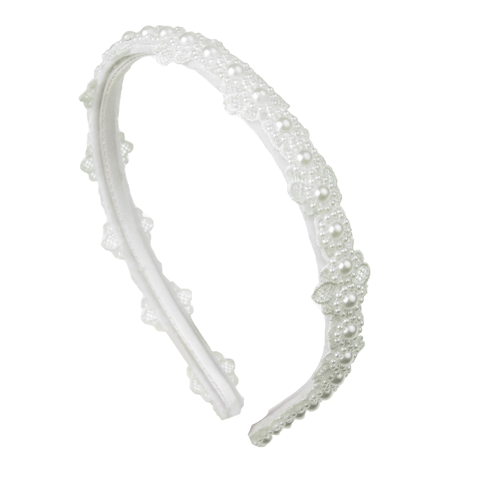 Merroyal front view of white pearl lace headband, elegant finishing touch