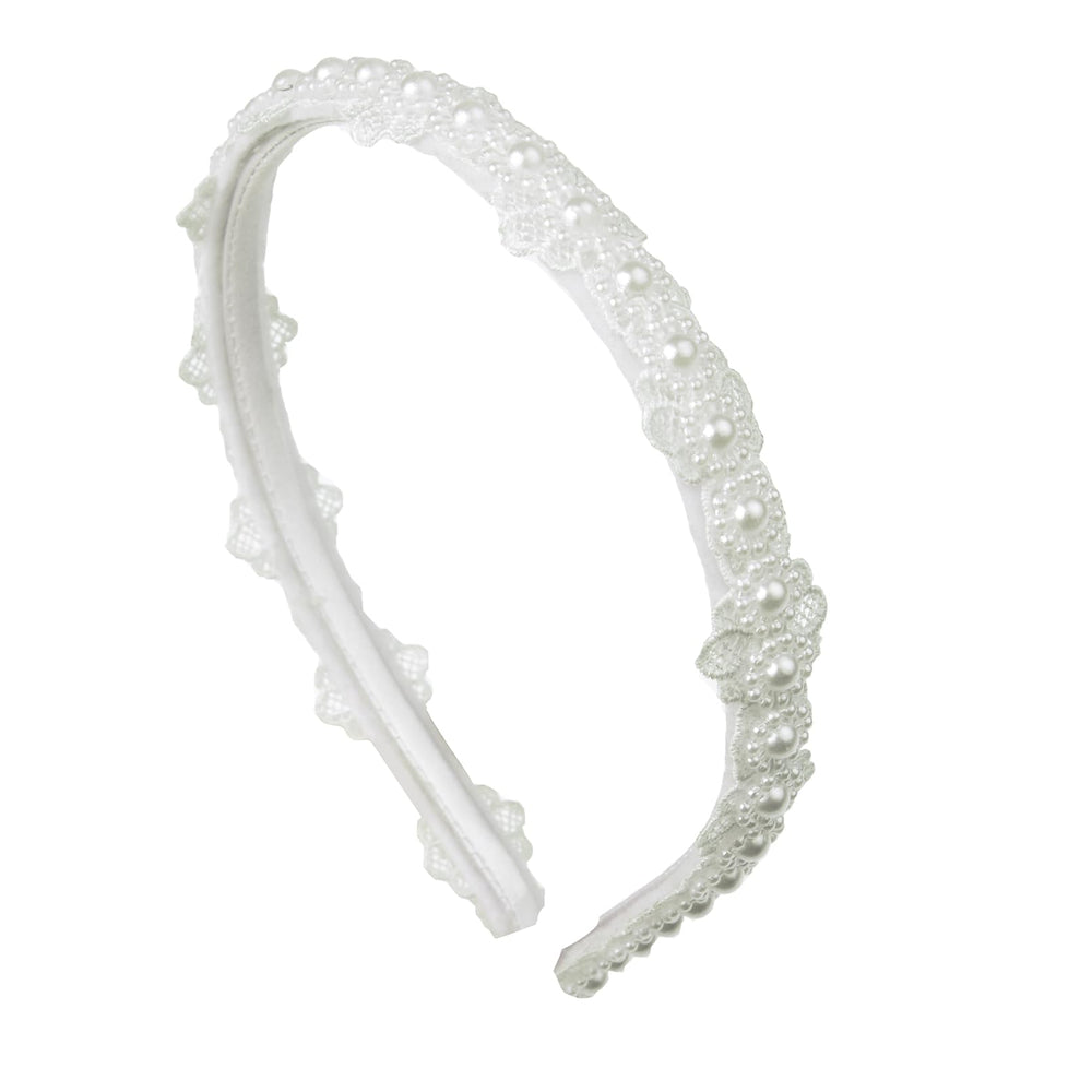 Merroyal front view of white pearl lace headband, elegant finishing touch