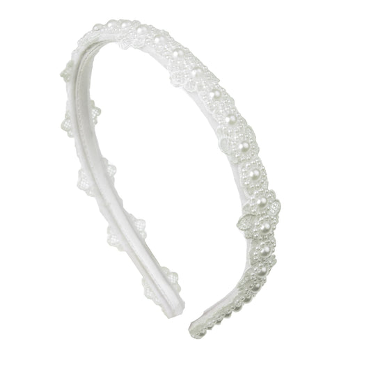 Merroyal front view of white pearl lace headband, elegant finishing touch