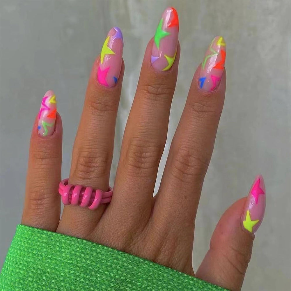 MERVF front packaging of 24 almond press-on nails showing neon Y2K stars and glossy finish for instant style